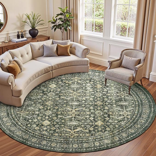 8ft Area Rugs for Living Room Bedroom, Green Washable Non-Slip Carpet | Soft Boho Area Rug for Dining Room Home Office Indoor Nursery, Stain Resistant, Low Pile, Foldable Vintage Distressed Rug