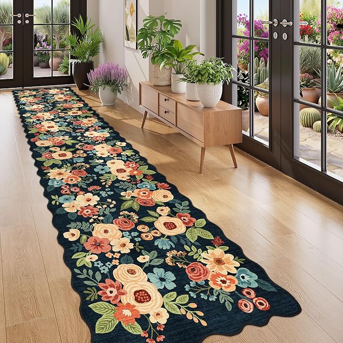 DUKINO 2x12 Washable Runner Rug, Long Runner Rug for Hallway, Navy Blue | Non Slip, Low Pile, Soft Floral Throw Rug Runner for Kitchen, Entryway, Bedroom, Bathroom, Pet Friendly, Modern Home Decor