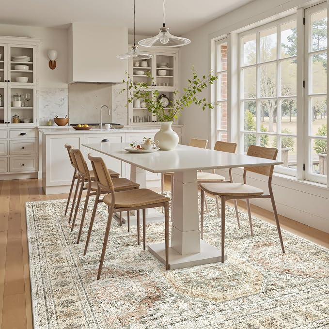 Soalmost 6x9 Area Rug for Living Room Washable Rugs Non-Slip Brown/Pink | Low-Pile Vintage Carpet for Dining Bedroom, Foldable Thin Stain Resistant Floor Mat Under Table Home Office Nursery Decor