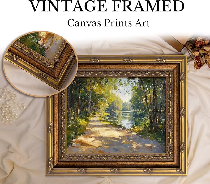 Vintage Gold Framed Canvas Wall Art Sunshine Forest Impressionist Landscape Painting Picture Wall Decor Spring Summer Green River Nature Scenery Poster Print Artwork for Living Room Bedroom