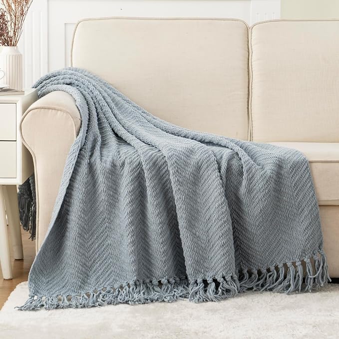 BATTILO HOME Blue Grey Throw Blanket for Couch, Knit Throw Blanket, 50"x60" | Super Soft Dusty Blue Throw Blanket with Tassels, Knit Blanket for Bed,Sofa and Living Room