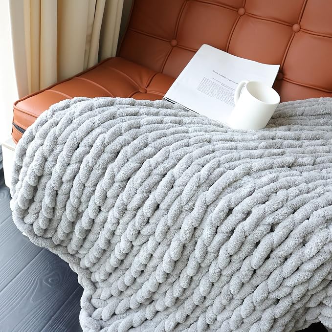 Maetoow Chenille Chunky Knit Blanket,Handmade Cozy for Home Decor,50×60,Grey