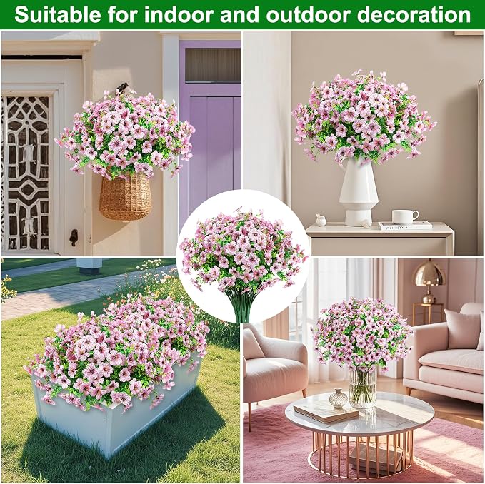 Ouddy Decor 12 Pcs Artificial Flowers for Outdoors Decorations, Pink | Lifelike silk flowers, UV resistant, faux plastic plants, for garden porch window table vase home indoor outdoor decor