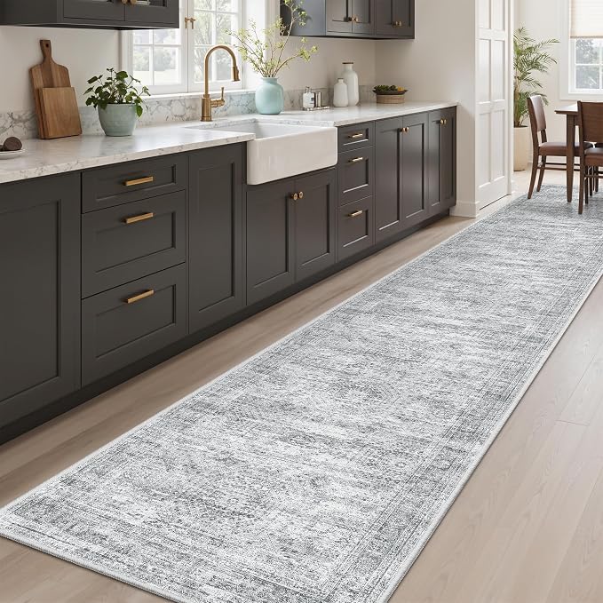 Soalmost Hallway Runner Rug 2'6" x 12' Washable Long Kitchen Rugs Grey | Non-Slip Vintage Runners 2.5x12ft for Bathroom Entryway, Thin Low-Pile Foldable Floor Carpet Mat 12 ft for Corridor Bedroom