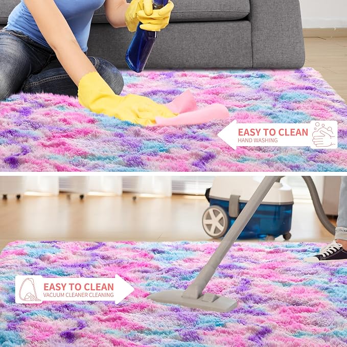 Tepook Pink Blue Purple Area Rug for Girls Room, Fluffy 6x9 Cute Soft Colorful Kids Rugs for Bedroom Dorm Classroom Nursery Playroom, Fuzzy Shaggy Rainbow Princess Carpet for Toddler Home Decor