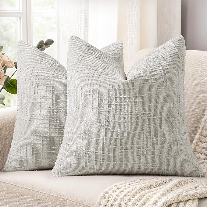 decorUhome Textured Chenille Throw Pillow Covers 16x16 Set of 2 Light Grey | Fall Modern Farmhouse Soft Cozy Slubby Couch Pillow Cases Boho Decorative Pillow Cases for Bed Sofa Living Room Home Decor