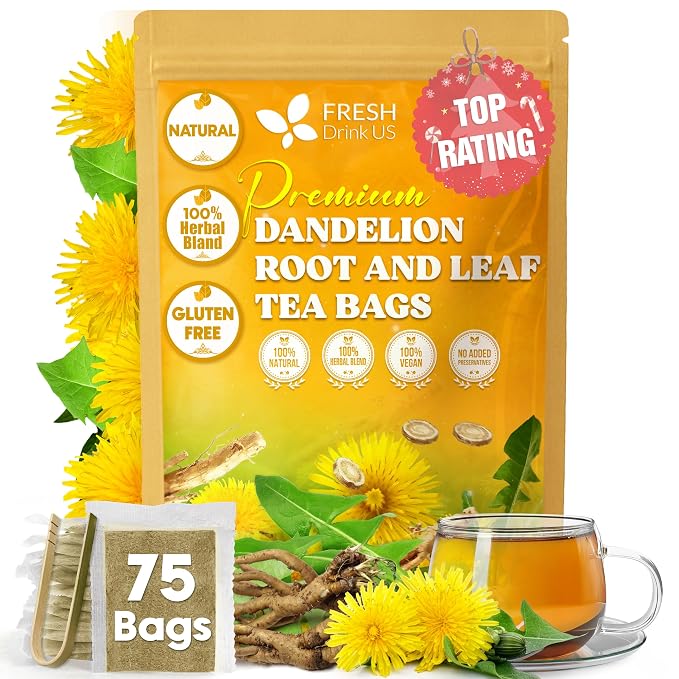 FreshDrinkUS, Premium 75 Dandelion Leaves and Roots Tea Bags, 100% Natural & Pure, Herbal Tea, Daily Infusion Botanical, No Sugar, No Caffeine, No Gluten, Vegan. Powerful Support.