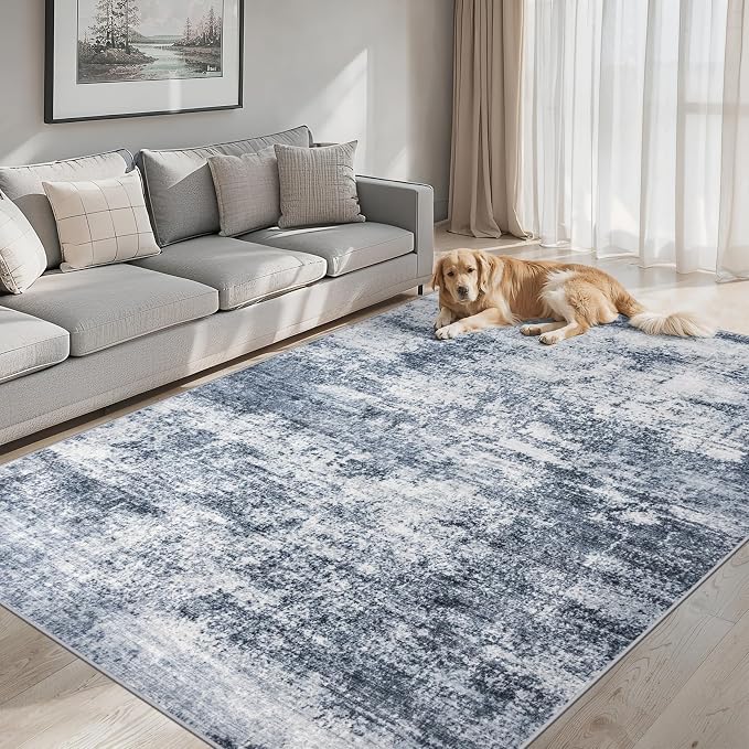 Area Rugs 10x12 Living Room - Washable Rug Modern Abstract Soft Large Neutral Non-Slip Carpet Indoor Floor Thin Carpets for Bedroom Dining Room Farmhouse Nursery Home Office Grey Blue