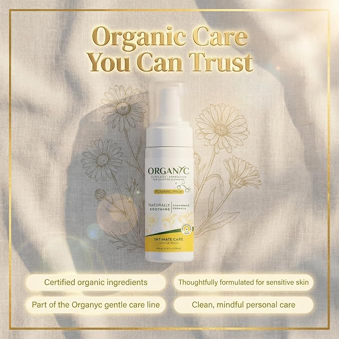 Organyc Intimate Foaming Wash for Women, Sensitive Skin Care, Certified Organic Ingredients, pH Balanced, Chamomile & Calendula, Gentle Daily Cleanser, 6.08 fl oz