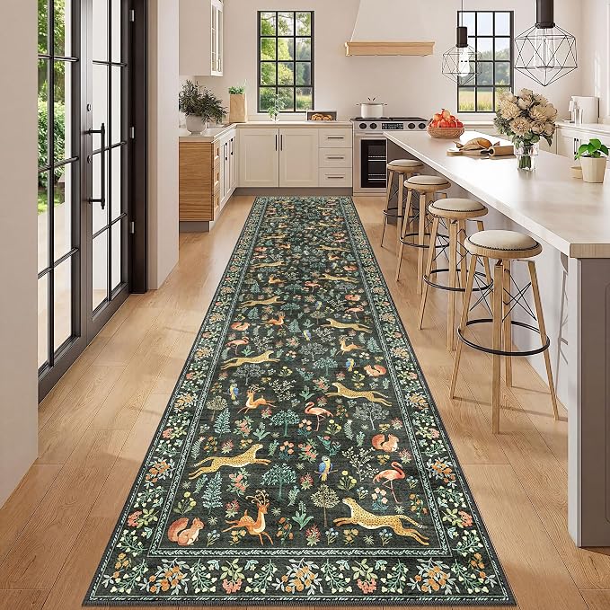 DUKINO 3x12 Runner Rug for Hallway, Washable Animal Rug for Kitchen, Black | Non Slip, Low Pile, Soft Indoor Long Carpet for Entryway, Bedroom, Bathroom, Laundry, Ultra-Thin Pet Friendly, Non-Shedding