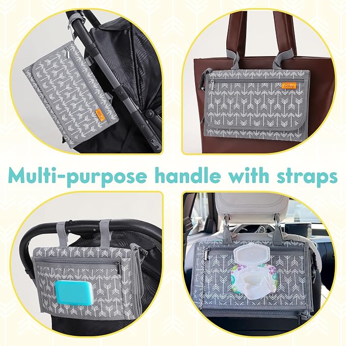 Kopi Baby Portable Diaper Changing Pad-Baby Diaper Changer Travel Bag with Wipes Pocket, Smart Design Portable Changing Mat, Infant Travel Station Kit,Gift for Newborn Girl & Boy-Grey Arrows, Modern