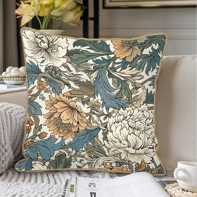 KSLIDS Vintage Flowers Soft Velvet Throw Pillow Covers Set of 2 Floral Plant Leaves Decorative Pillow Covers 20x20 Inch Yellow White Flowers Pillow Case for Sofa Couch Bedroom Farmhouse Home Decor