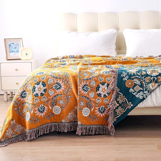 VANJOROY Boho Throw Blanket, 100% Cotton Soft King Yellow Throw for Bed-Floral Farmhouse Decor Blanket, Reversible Bohemian Throw for Sofa Chair Couch Quilt and Gift, 91" x 98"
