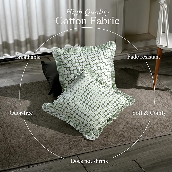 CPC Kelly Green Hand Block Print 100% Cotton Ruffle Throw Pillow Cover 20x20 inch with Hidden Zipper Decorative for Couch, Bed, Sofa, Farmhouse, Cottagecore Decor Gift Christmas Fall Thanksgiving