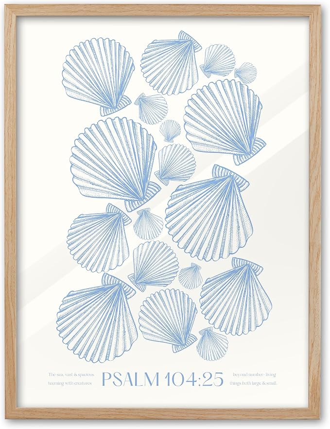 EcoHest 16x20 in Psalm 104:25 Coastal Seashell Framed Christian Wall Art | Solid Oak Wood Frame with Canvas Wall Art, Scripture Bible Verse Decor for Bedroom, Living Room, Office, Church, 1Pack