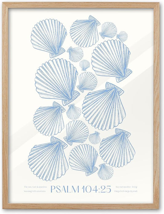 EcoHest 16x20 in Psalm 104:25 Coastal Seashell Framed Christian Wall Art | Solid Oak Wood Frame with Canvas Wall Art, Scripture Bible Verse Decor for Bedroom, Living Room, Office, Church, 1Pack