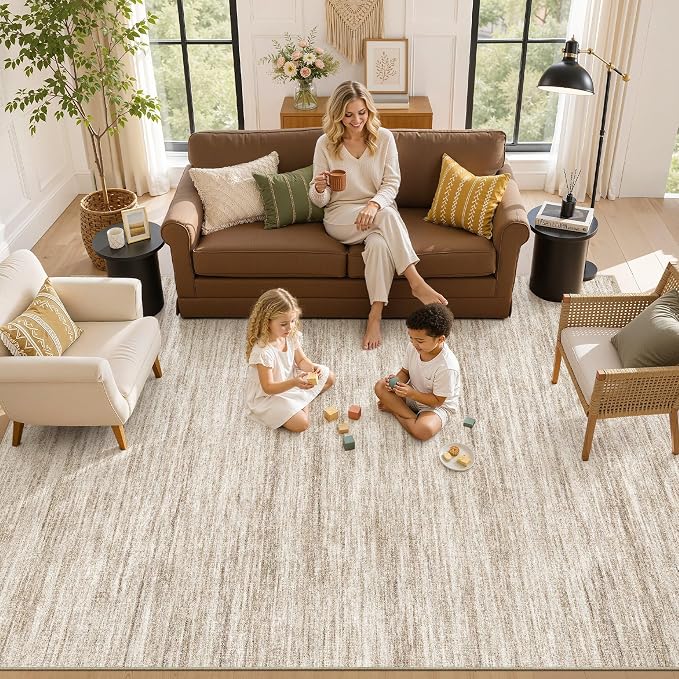 Nakagishi 10X12 Area Rugs Living Room: Washable Large Vintage Rug Neutral Non-Slip Soft Stain Resistant Indoor Carpet for Bedroom Nursery Dining Room Office Playroom - Dark Brown