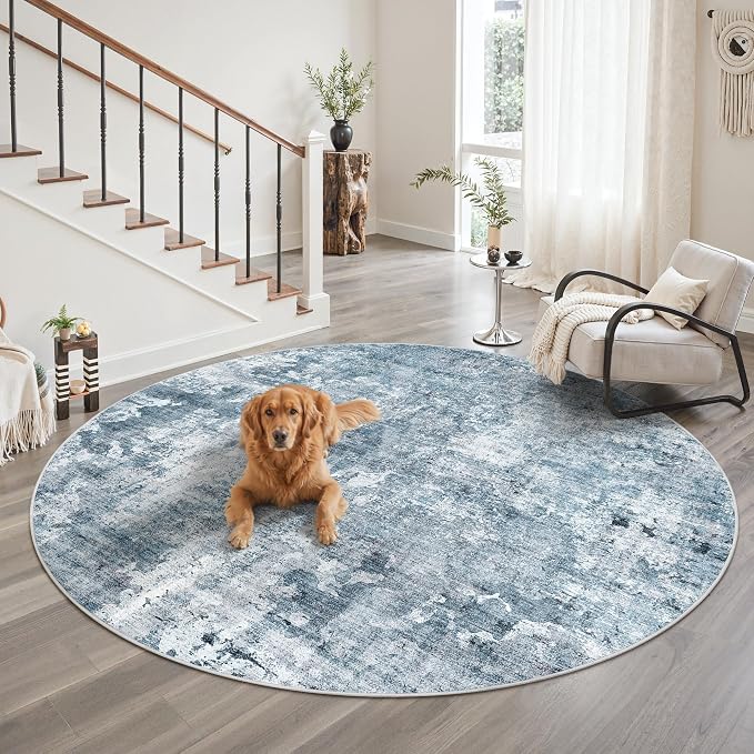 Soalmost Round Rugs 9ft Living Room Circle Area Rug 9x9 Blue/Grey Vintage | Washable Non Slip Abstract Carpet for Apartment, Dining Bedroom, Soft Low Pile Stain Resistant Foldable Floor Mat Entryway