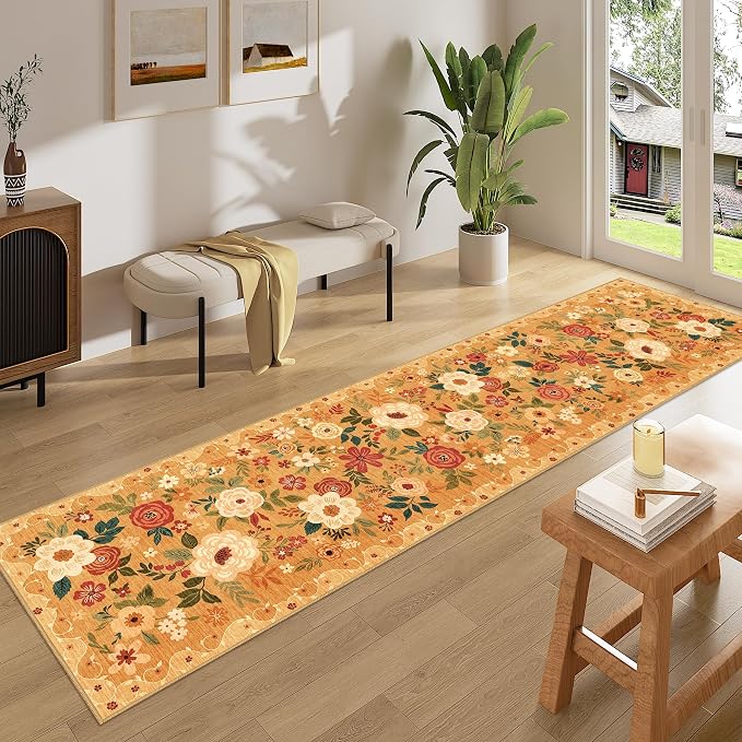 DUKINO 2x8 Runner Rug, Washable Runner Rug for Kitchen Non Slip, Orange | Floral, Low Pile, Soft Indoor Rug for Hallway, Entryway, Bedroom, Bathroom, Pet Friendly, Stain Resistant, Modern Home Decor