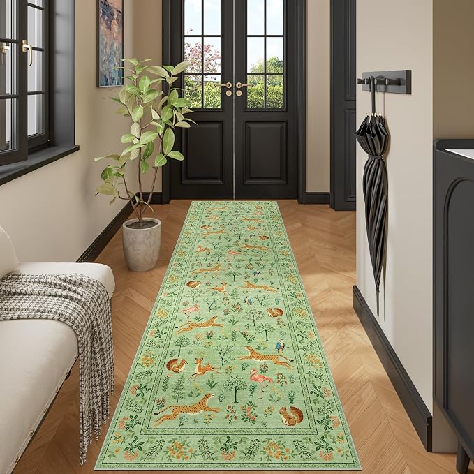 DUKINO 2x6 Runner Rug, Washable Animal Kitchen Rugs Non Slip, Light Green | Soft, Low Pile, Stain Resistant Indoor Carpet for Hallway, Entryway, Bedroom, Bathroom, Laundry,Pet Friendly, Lightweight