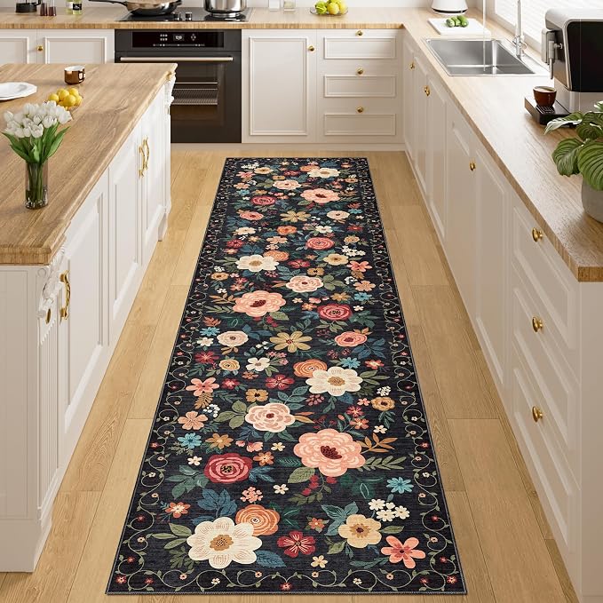 DUKINO 2x8 Runner Rug, Floral Washable Kitchen Runner Rug Non Slip, Black | Low Pile, Soft Indoor Rug for Hallway, Entryway, Bedroom, Bathroom, Pet Friendly, Stain Resistant, Modern Home Decor