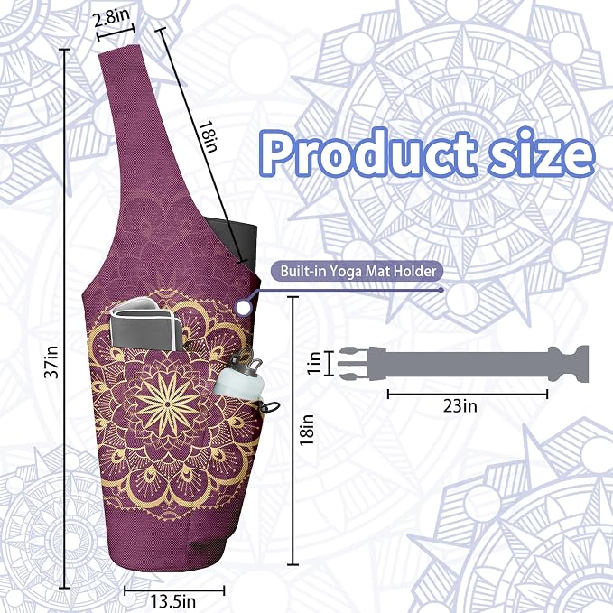 Yoga Bag for Women, Large Yoga Mat Bag Tote Carrier with Wet Dry Pocket, Water Bottle Holder & Adjustable Strap, Fits 1/2" Thick Yoga Mat for Gym, Pilates, Travel, Work