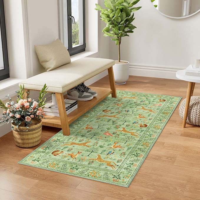 DUKINO 2x4 Rug for Entryway, Animal Washable Rug for Kitchen, Light Green | Non Slip, Low Pile, Stain Resistant Indoor Runner Rug for Hallway, Bedroom, Bathroom, Laundry, Pet Friendly, Non-Shedding
