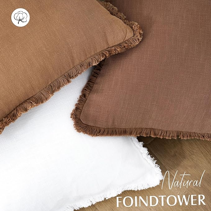 Foindtower Set of 2 Decorative Linen Fringe Throw Pillow Covers Cozy Farmhouse Boho Cushion Cover with Tassels Soft Accent Pillowcase for Couch Sofa Bed Living Room Home Decor 20×20 Inch Rust