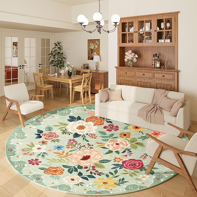 DUKINO 6ft Round Rug, Soft Washable Circle Rug for Bedroom Non Slip, Green | Low Pile, Stain Resistant Indoor Rug for Living Room, Dining Room, Kids Room, Office, Pet Friendly, Home Decor, Non-Shedding