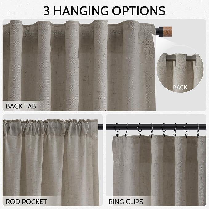 Nanspring Grey Beige Curtains for Living Room 120 Inches Long Linen Light Filtering Semi Sheer Curtain Back Tab Simple Modern Boho Long Floor to Ceiling High Window for Bedroom 52x120, 2 Panels