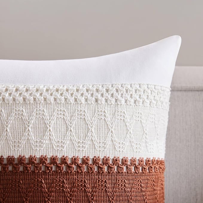 2pk Boho Pillow Covers 16x16, Natural White/Contrast/Terracota | 100% Organic Cotton Body, Stripe Embroidery, Farmhouse Decorative Cushion Covers for Sofa Bed Living Room Home Decor