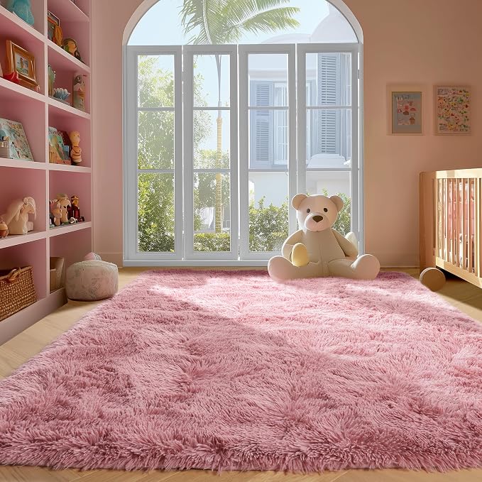 PAGISOFE Blush Pink Fluffy Shag Area Rugs for Bedroom Girls 5x7, Soft Fuzzy Shaggy Rugs for Kids Room Plush Furry Living Room Carpet Girls Teen Dorm Rugs for Home Decor Aesthetic, Nursery