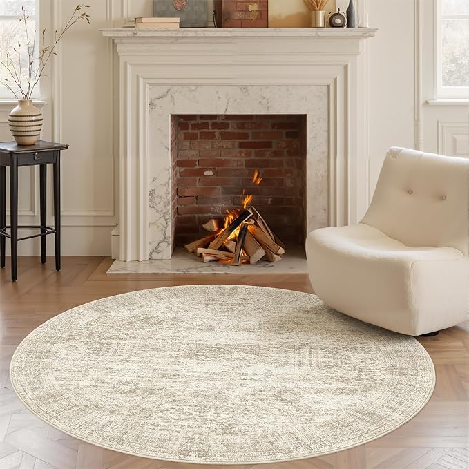 Soalmost 6x6 Beige Round Rug 6ft Circle Living Room Area Rugs Non-Slip | Washable Vintage Indoor Carpet for Dining Bedroom, Low Pile Stain Resistant Foldable Floor Mat Entryway Home Office Decor