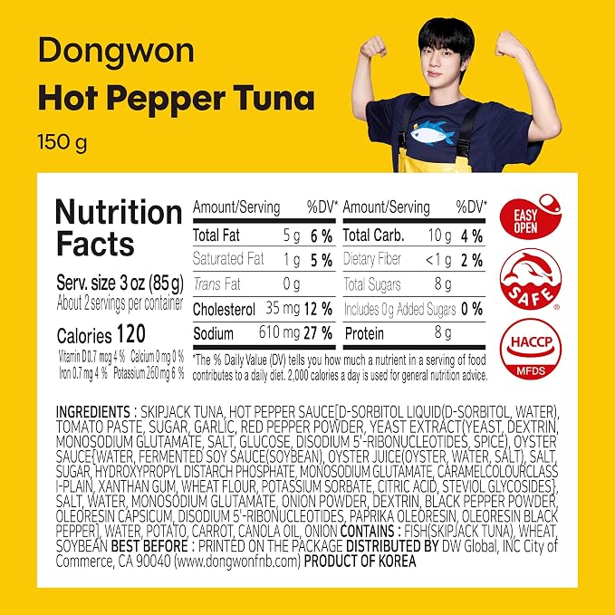 Dongwon Spicy Korean Canned Tuna – No Draining, High Protein | Firm Wild-Caught Skipjack Flakes in Hot Pepper Sauce with Vegetables, Ready to Eat, 5.3oz (150g) per Can, 4-Pack, Made in Korea
