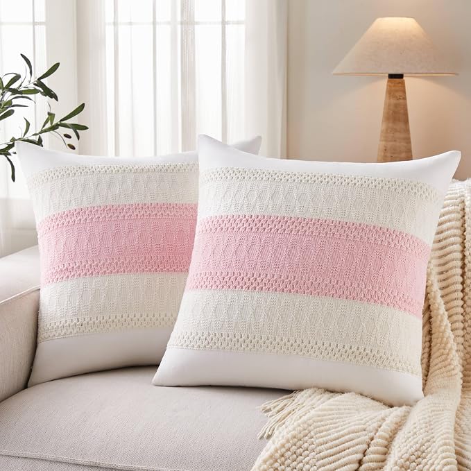 2pk Boho Pillow Covers 24x24, Natural White/Contrast/Light Pink | 100% Organic Cotton Body, Stripe Embroidery, Farmhouse Decorative Cushion Covers for Sofa Bed Living Room Home Decor