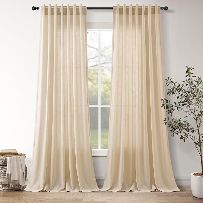 Tan Linen Curtains 90 Inch for Living Room Rod Pocket Back Tab Window Drapes Light Filtering Vintage Style Modern Farmhouse Curtain for Dining Room Bedroom 52x90,2 Panels