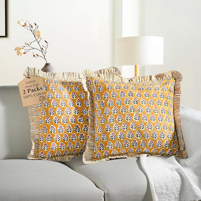 CPC Yellow Citrine Ruffle Throw Pillow Covers for Couch, 24x24 Inch Cotton Stripe Ruffle Couch Pillows for Living Room, Hidden 20 Inch Zipper Boho Pillow Case or Cute Outdoor Ruffle Pillows
