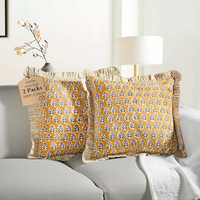 CPC Yellow Citrine Ruffle Throw Pillow Covers for Couch, 20x20 Inch Cotton Stripe Ruffle Couch Pillows for Living Room, Hidden 16 Inch Zipper Boho Pillow Case or Cute Outdoor Ruffle Pillows