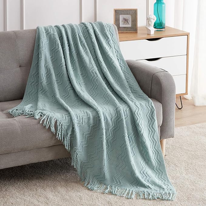BOURINA Aqua Throw Blanket 50x60 Inch Boho Knitted Soft Throw Sofa Blanket | Knitted Throw Blanket 50x60 Inches, Soft Lightweight Boho Weave Throw Decorative Couch Blanket for Living Room Bedroom Chair