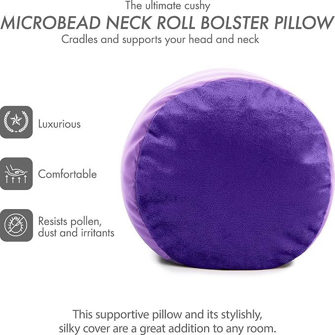 Microbead Bolster Neck Roll Pillow, Gently On Body, Head, Neck & Shoulders No Pain Rest, Relax Sleep - Silky Feel Prevent Wrinkles & Hair Breakage - Lightweight Cylinder, 14" x 8", Paril Purple