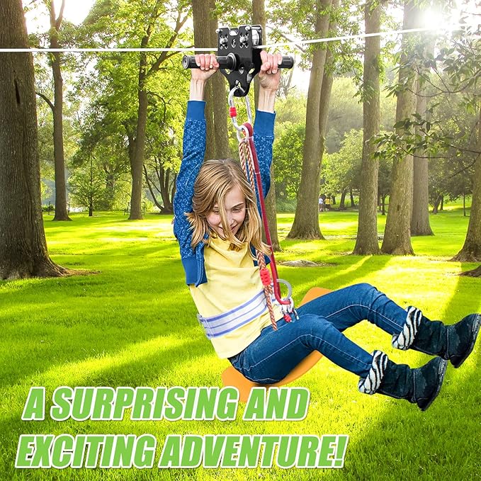 Zipline for Backyard Kids and Adults,Zipline Kits for Backyard with 160ft Cable,6ft Zipline Spring Brake and Belt,Zip line Trolley with Handle,seat and Bag