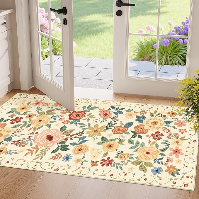 DUKINO 2x4 Entryway Rug, Floral Washable Kitchen Rugs Non Slip Beige Yellow | Low Pile, Soft Indoor Runner Rug for Hallway, Bedroom, Bathroom, Laundry, Pet Friendly, Modern Home Decor, Stain Resistant