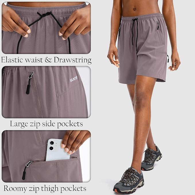 SANTINY Women's 5''/ 7''/9'' Hiking Cargo Shorts Quick Dry Lightweight Summer Shorts for Women Athletic Golf Zipper Pockets