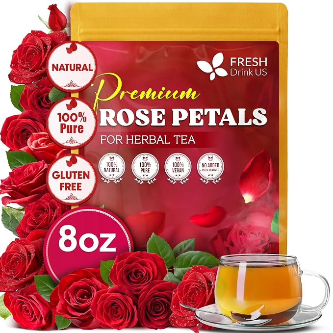 FreshDrinkUS, Premium 8oz Dried Rose Petals, 100% Natural & Pure, Herbal Tea, Daily Infusion Botanical, No Sugar, No Caffeine, No Gluten, Vegan. Rich in Antioxidants.