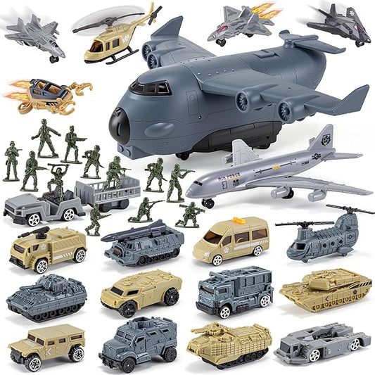 33 in 1 Military Airplane Toy with Army Men Action Figures, Army Toys Playset with Vehicles Tanks Trucks Helicopters Fighter Jets and Play Mat, Gifts for Boys Girls