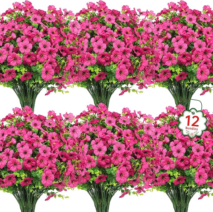 Ouddy Decor 12 Pcs Artificial Flowers for Outdoors Decorations, Rose Red | Lifelike silk flowers, UV resistant, faux plastic plants, for garden porch window table vase home indoor outdoor decor