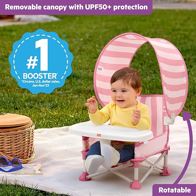 Bright Starts Pop 'N Sit Cabana Portable Booster Chair with UPF Canopy, Floor Seat for Indoor/Outdoor Use, Compact Fold, Pink, 6 Months–3 Years