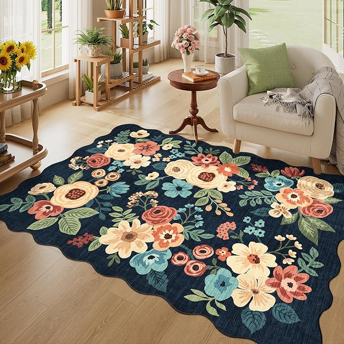 DUKINO 4x6 Area Rug, Non Slip Floral Washable Living Room Rug, Navy Blue | Low Pile, Stain Resistant, Soft Throw Rugs for Bedroom, Office, Dining Room, Nursery, Pet Friendly, Home Decor, Lightweight