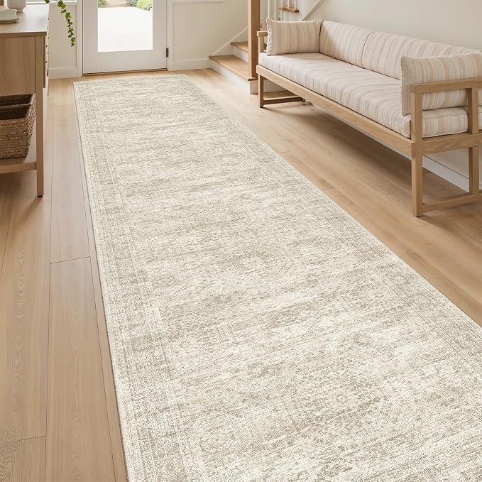 Soalmost Hallway Runner Rug 2'6"x10' Non-Slip Runners for Kitchen Beige | Washable Vintage Long Rugs 2.5x10ft Bathroom, Thin Low Pile Foldable 10ft Floor Carpet Mat for Entryway Corridor Bedroom