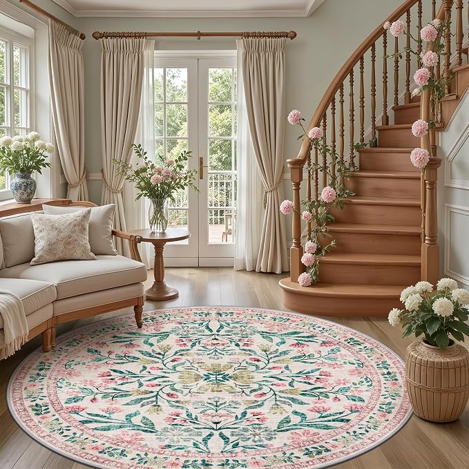 Round Area Rug for Living Room: 8 ft Floral Washable Circle Rug Soft Boho Non-Slip Carpet Indoor Floor Stain Resistant Low Pile Small Circular Rug for Bedroom Entryway Kitchen Nursery Pink/Green